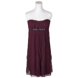 BCBGMAXAZRIA 100% Silk Strapless Burgundy Dress Beaded Empire Waist Size 10